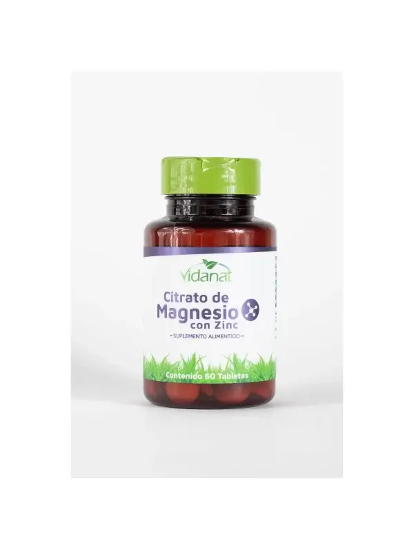 Citrato de Magnesio con Zinc de Vidanat | Suplemento Alimenticio Mineral | 60 Tabletas. 2 Tabletas = 1300 mg