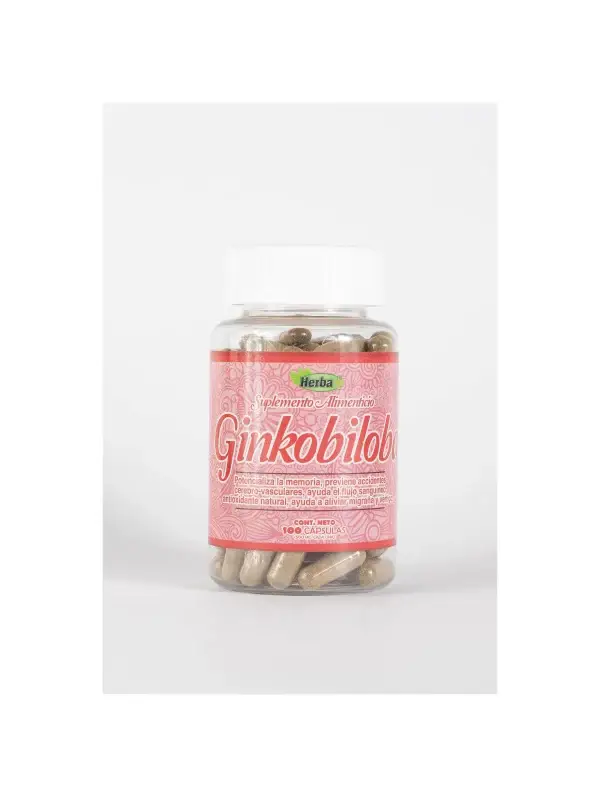 Ginkobiloba Suplemento Alimenticio de Herba+ | Potencializa la Memoria, Previene Accidentes Cerebrovasculares, Ayuda al Flujo Sanguíneo | 100 Capsulas 500 mg